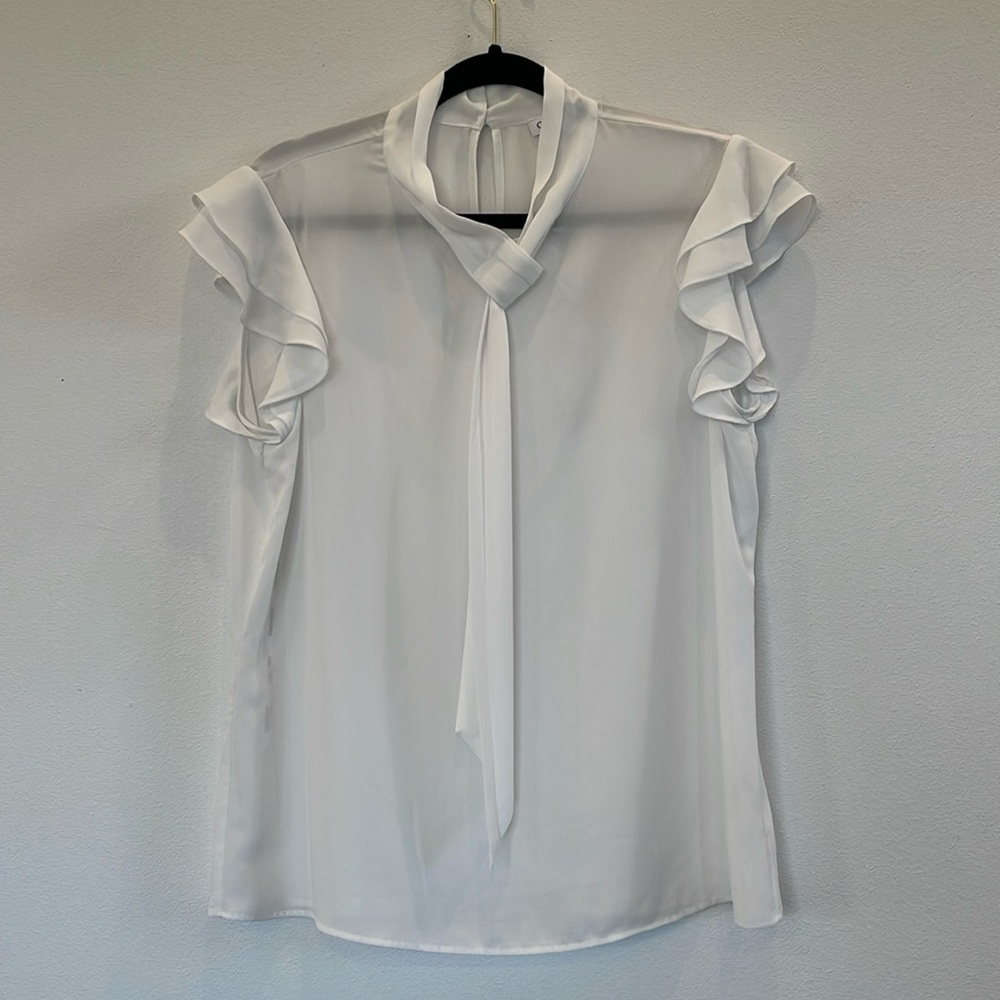 Calvin Klein Tie-neck Ruffled Cap-sleeve Blouse In White Size L